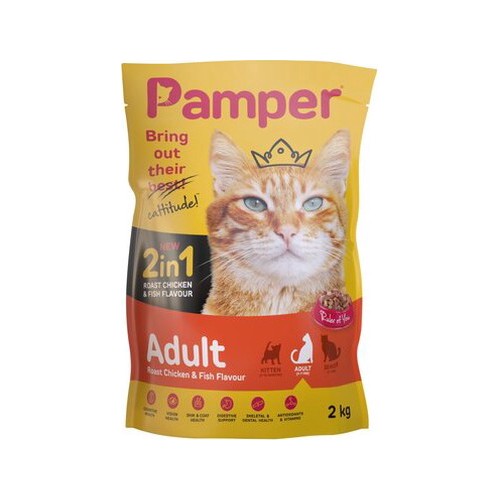Pamper Dry Cat Food 2 in 1 Roast Chicken & Fish Adult Dry Cat Food 2kg