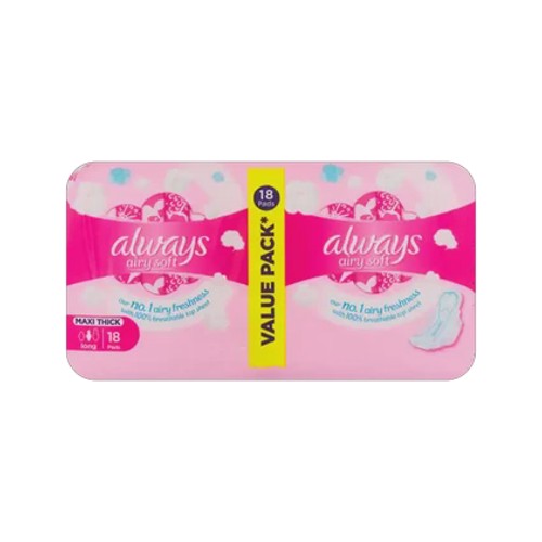 always airy soft long maxi thick sanitary pads 18 pack