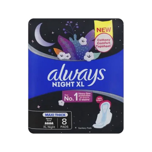 always heavy flow night xl maxi thick sanitary pads 8 pack
