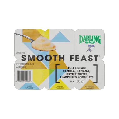darling smooth feast vanilla banana & butter toffee flavoured full cream yoghurt 6 x 100g