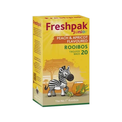 freshpak junior peach & apricot flavoured rooibos tagless tea bags 20 pack