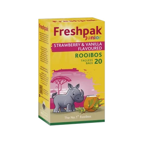 freshpak junior strawberry & vanilla flavoured rooibos tagless tea bags 20 pack