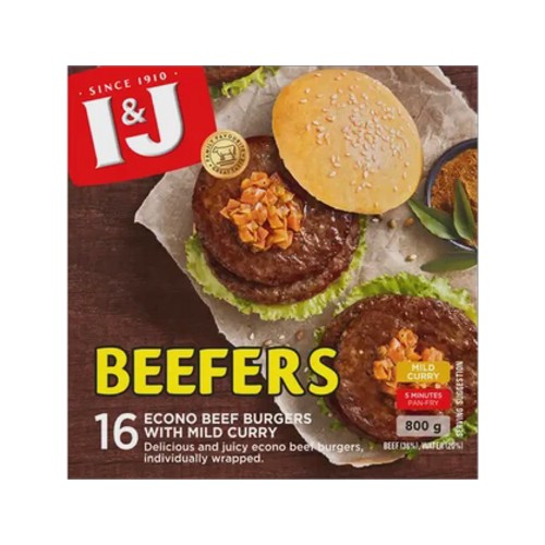 I&j Beefers Mild Curry Frozen Econo Beef Burgers 800g