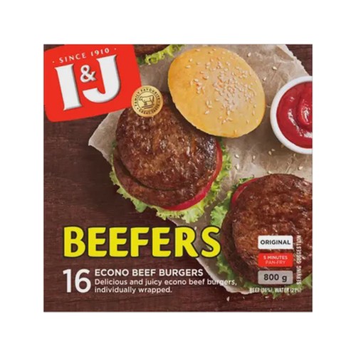 i&j beefers original frozen econo beef burgers 800g