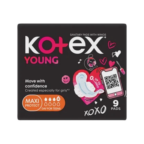 kotex young maxi protect sanitary pads with wings 9 pack