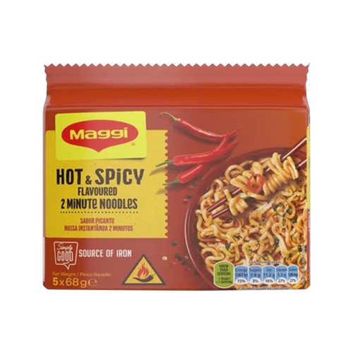 maggi hot & spicy flavoured 2 minute noodles 5 x 68g