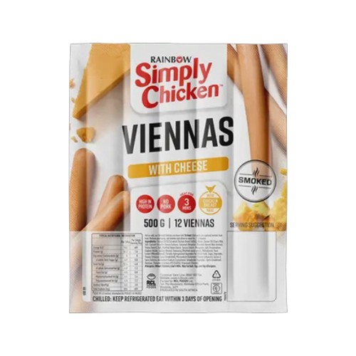rainbow simply chicken cheese smoked viennas 500g