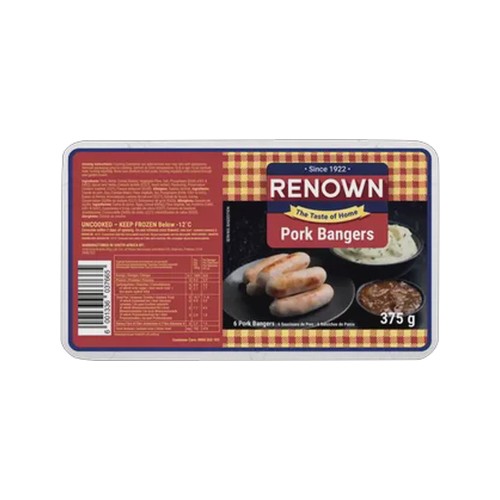 renown frozen pork bangers 375g