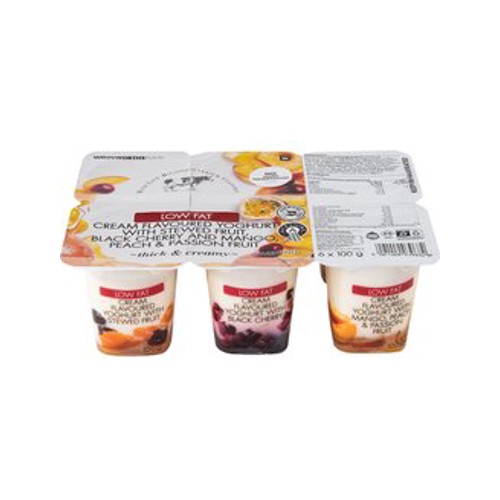 Low Fat Cream Flavoured Yoghurt with Stewed Fruit Black Cherry & Mango Peach & Passion Fruit 6 x 100 g