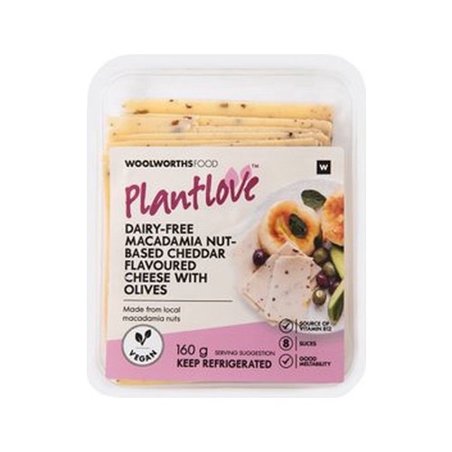 plantlove dairy free macadamia nut based cheddar cheese slices with olives 160 g
